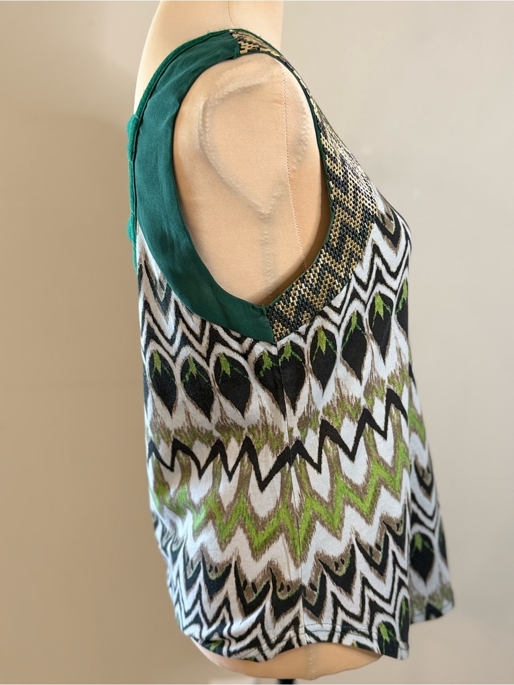 Miss Me peacock strappy back tank beaded green gold SZ M - Picture 5 of 12